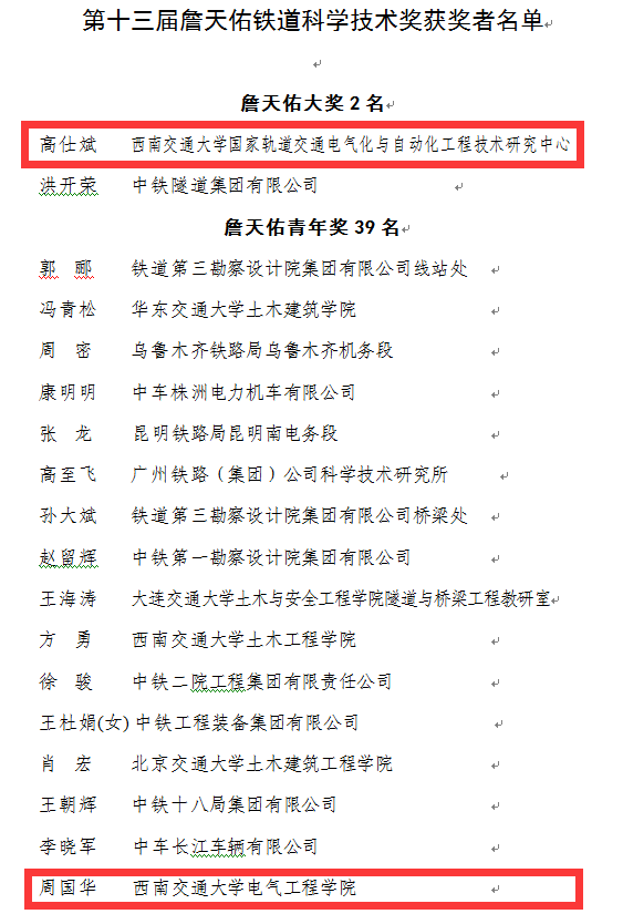 高仕斌教授获第十三届詹天佑大奖